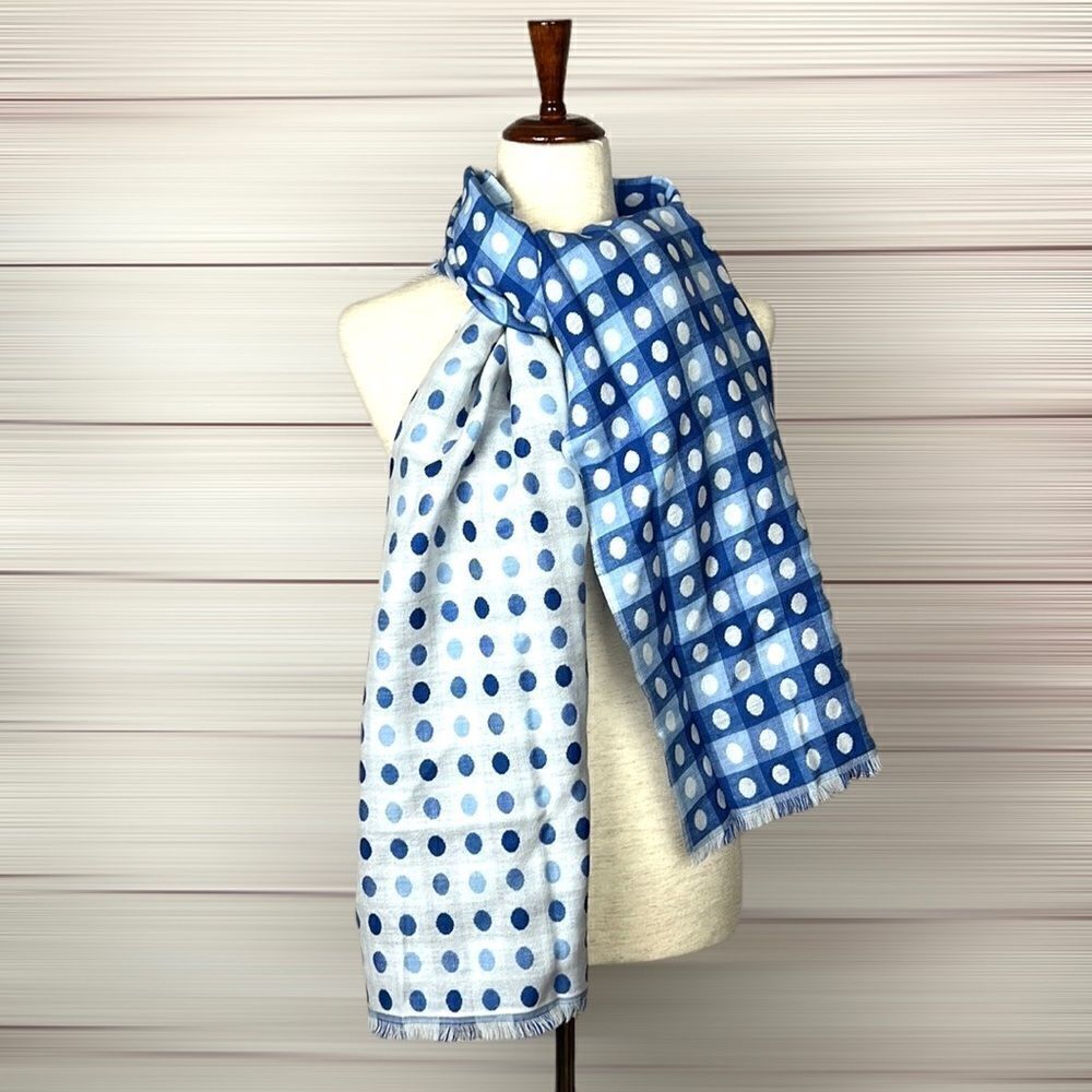 NWT TALBOTS Wool Blend Blue White Polka Dot Check Fringe Trim Wrap Scarf